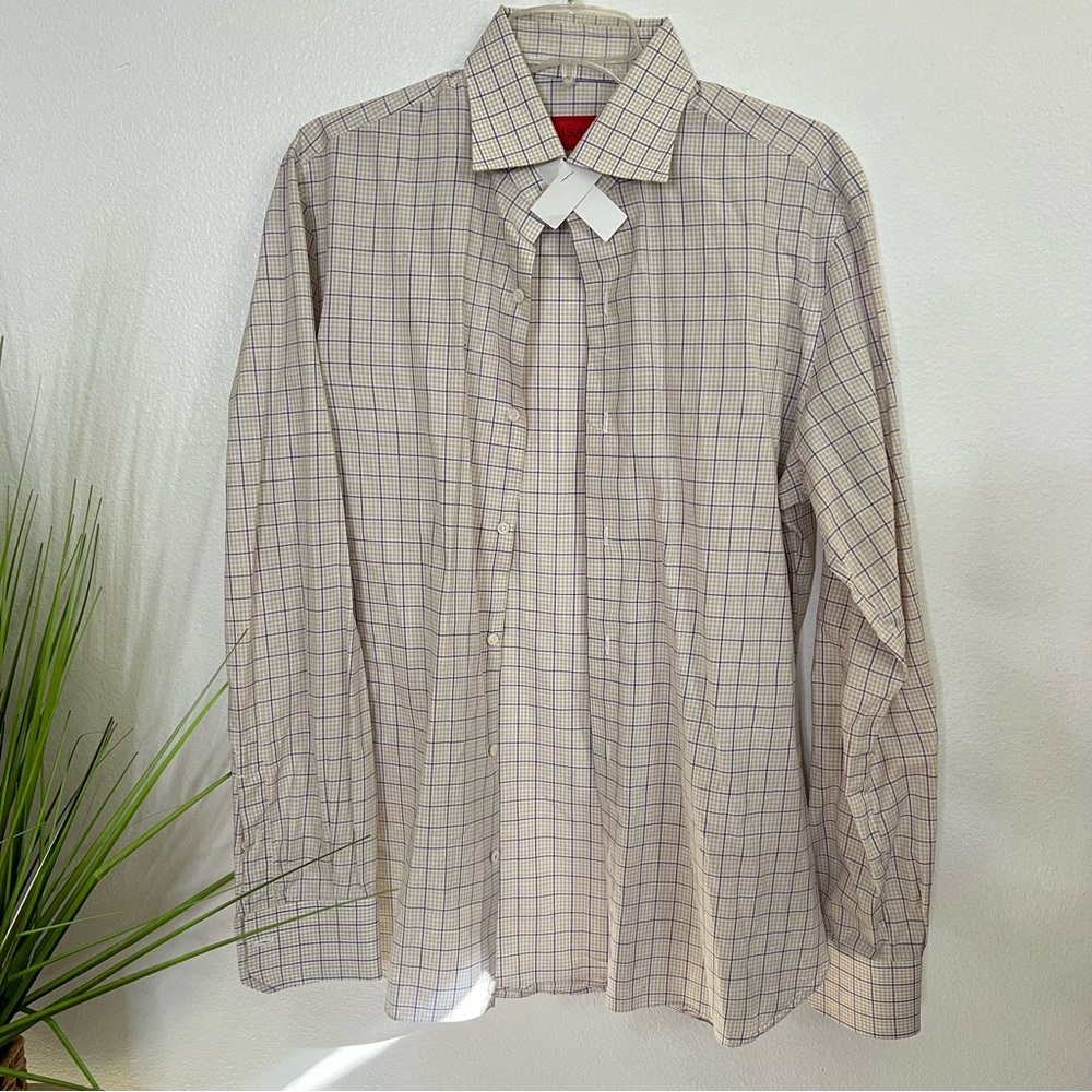 ISAIA Tan & Purple Plaid Cotton Dress Shirt 15.5